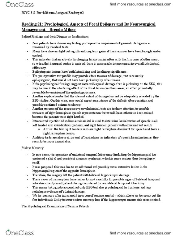 PSYC 311 Chapter Notes - Chapter Reading 21 - Post Midterm 2 - Milner and Intracarotid: Partial Seizure, Amobarbital, Brenda Milner thumbnail